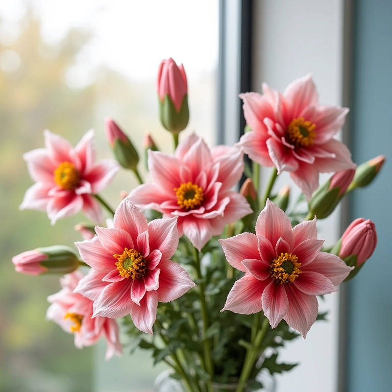 Flores de inverno artificiais em exibição, mostrando versatilidade e beleza.