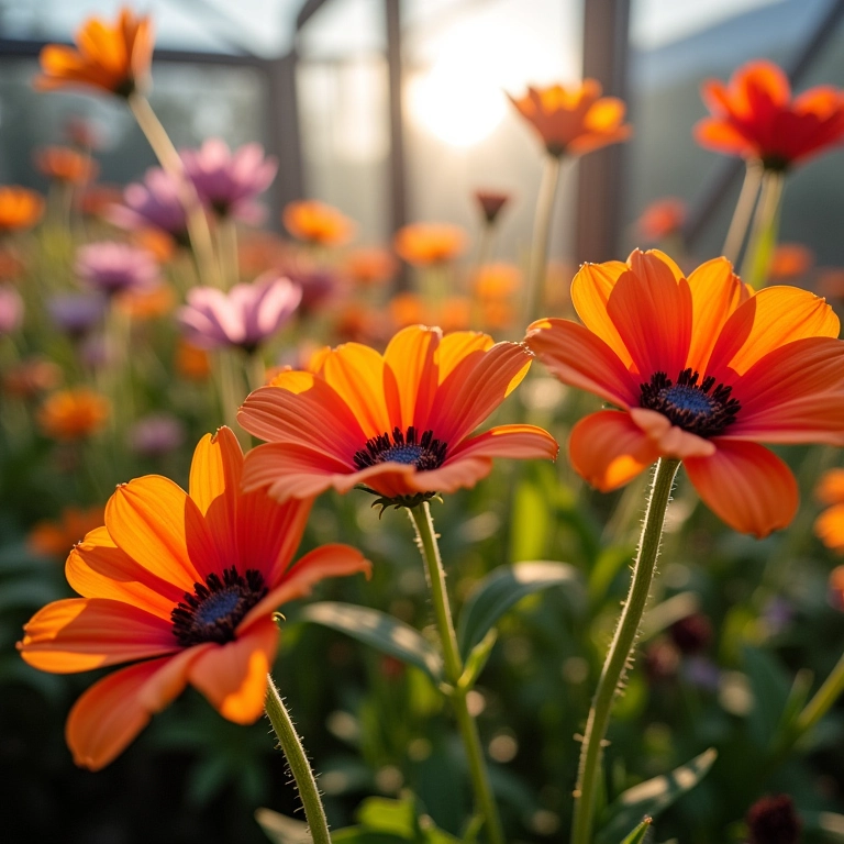 Flores de inverno prosperando em um jardim envidraçado sob a luz do sol.
