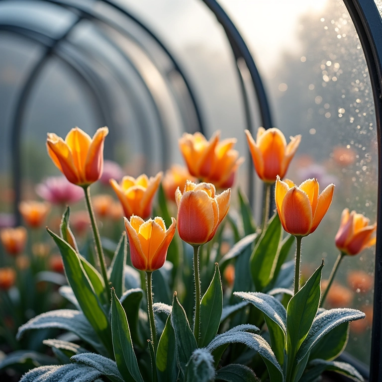 Flores de inverno protegidas com mantas dentro de um jardim envidraçado.