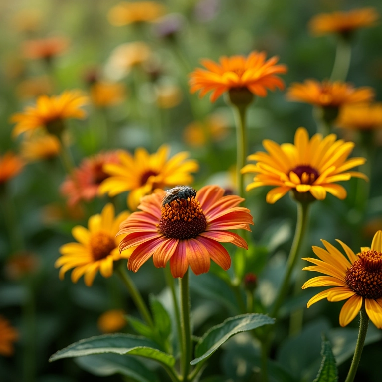 Flores diversas atraindo insetos benéficos em um jardim.