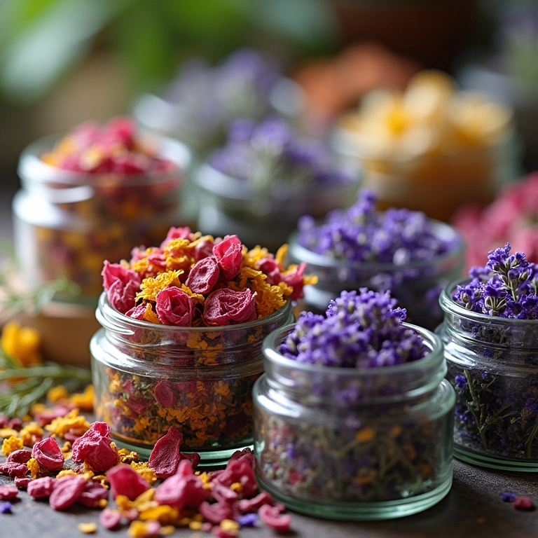 Flores e ervas secas para velas decorativas.