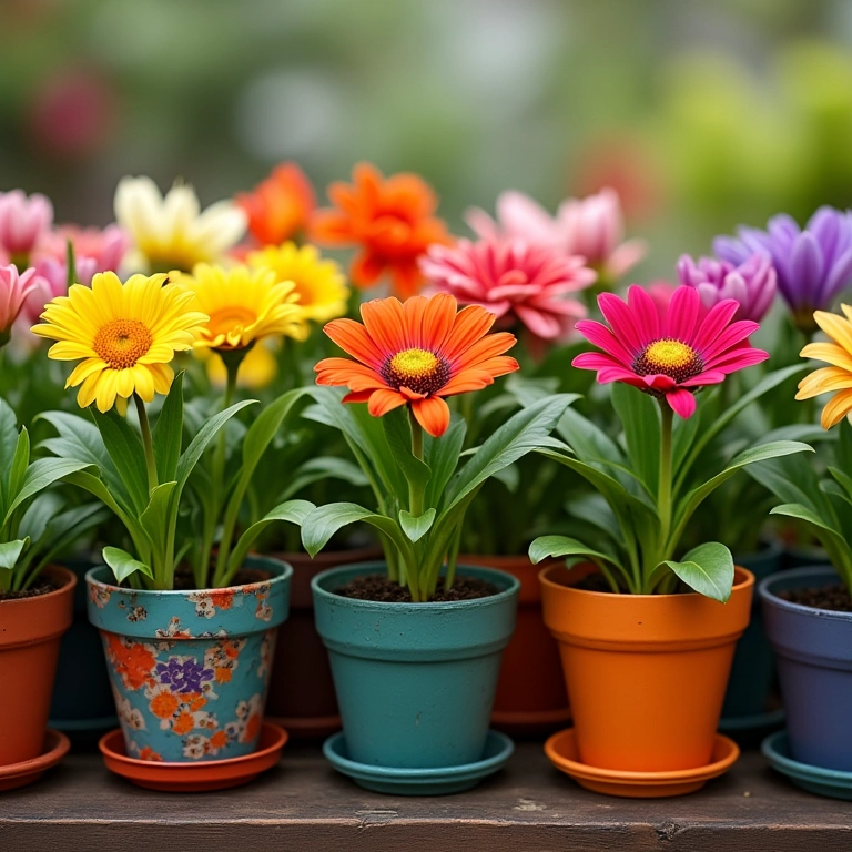 Flores plantadas em vasos personalizados, exibição colorida e vibrante.