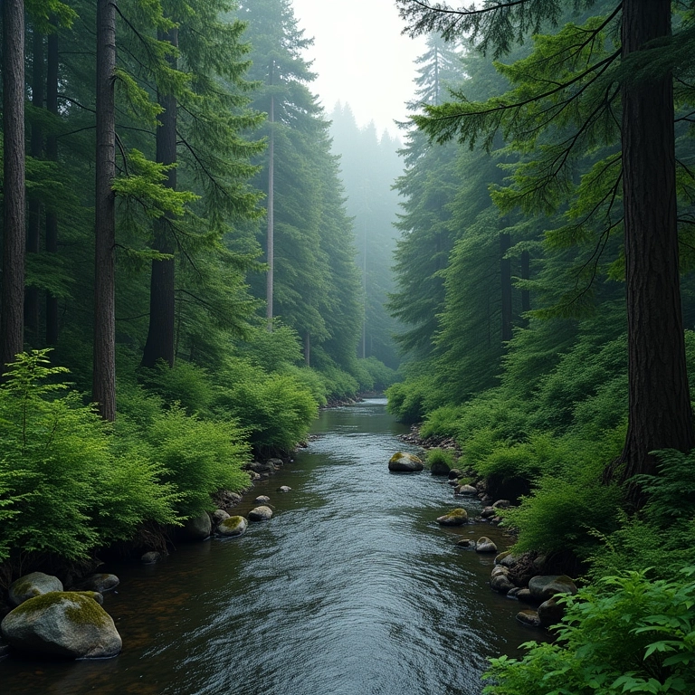 Floresta densa com um rio, mostrando o papel das florestas no ciclo da água.