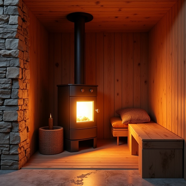 Fogão a lenha em sauna para aquecer o ambiente e relaxar.