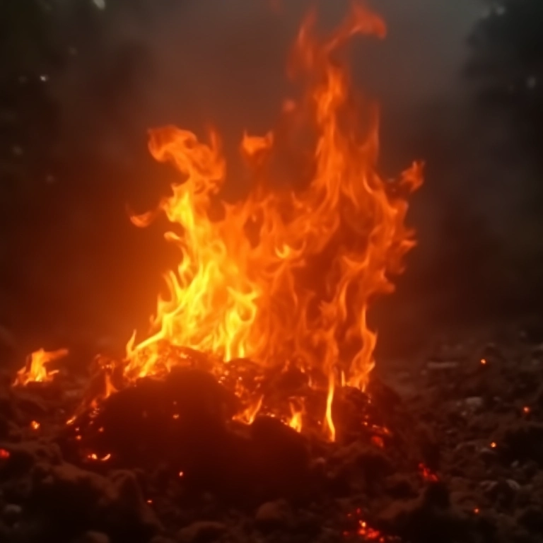 Fogo queimando com fumaça e partículas de fuligem visíveis.