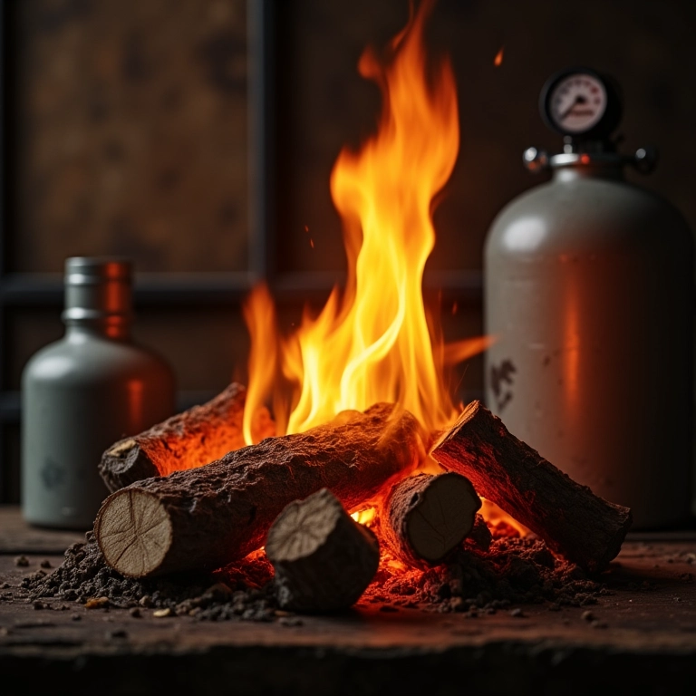 Fogueira com tanque de oxigênio quase vazio ao fundo.