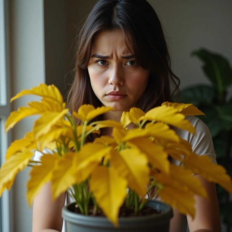 Folhas amareladas e murchas em planta indicam problema.