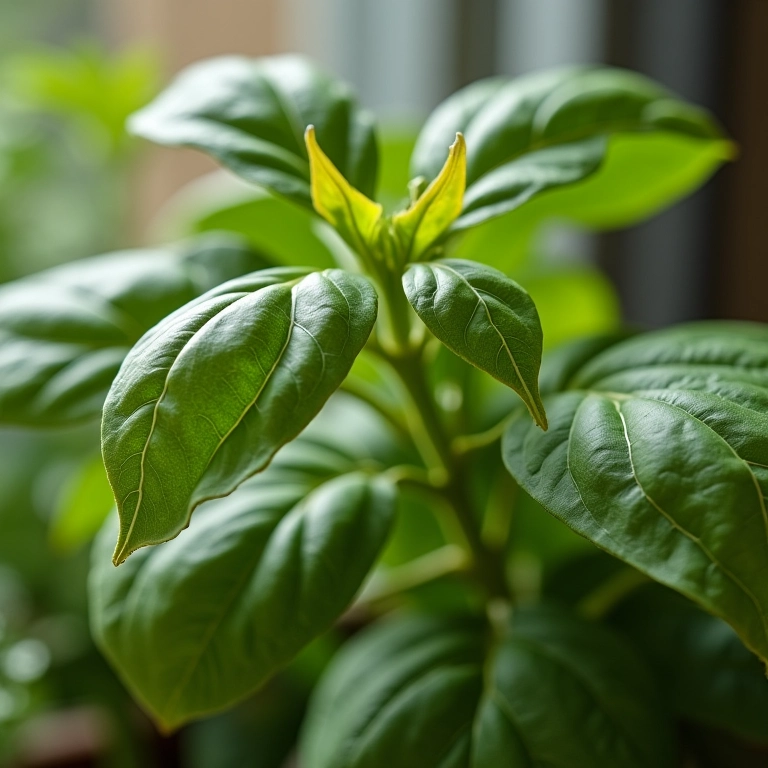 Folhas amareladas em planta de manjericão em horta de apartamento, mulher preocupada inspecionando.