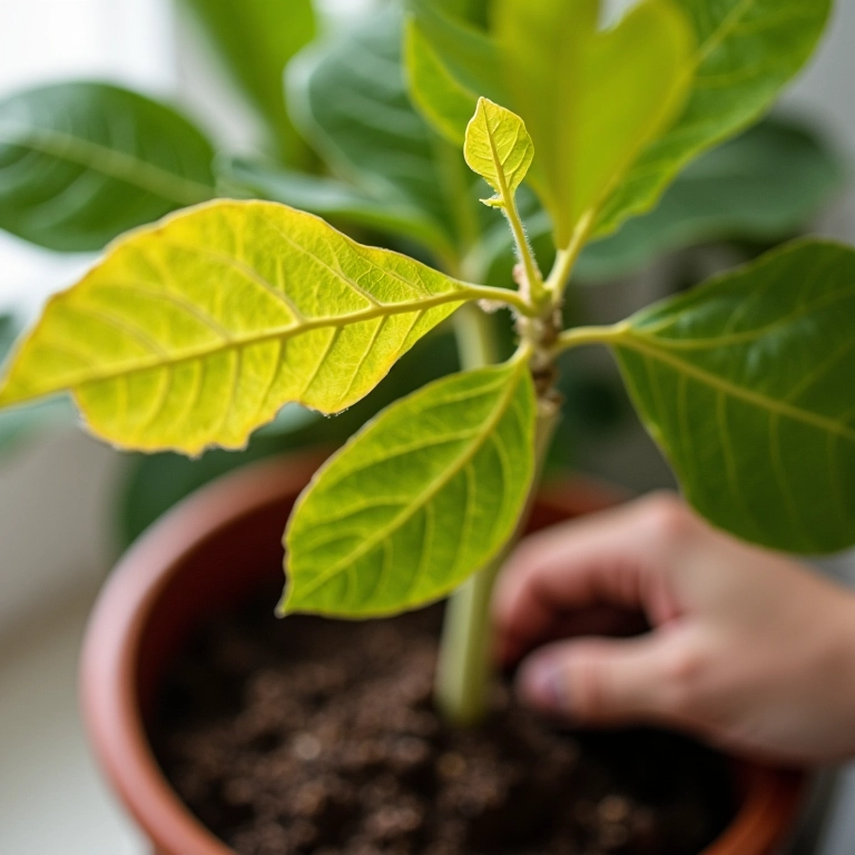 Folhas amareladas indicando excesso de água no figo.