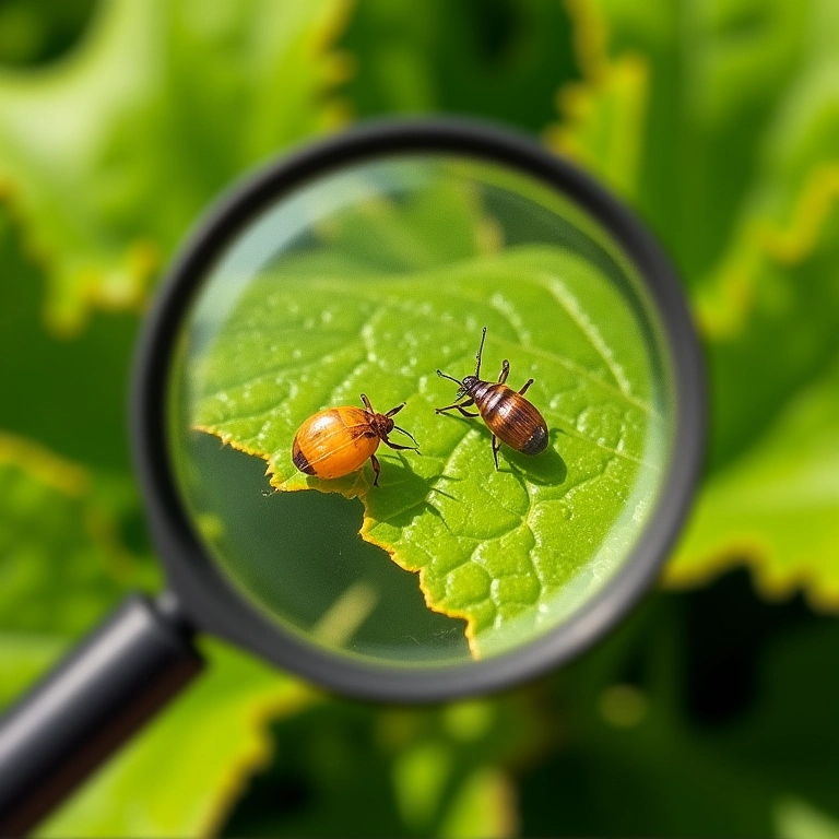 Folhas de açafrão com sinais de pragas sob uma lupa.