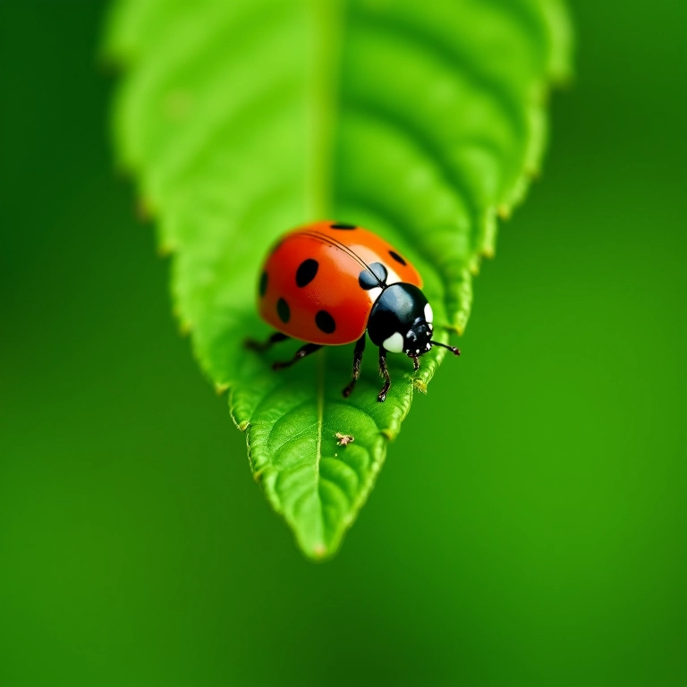 Folhas de planta com sinais de infestação de pragas, joaninha rastejando na folha.