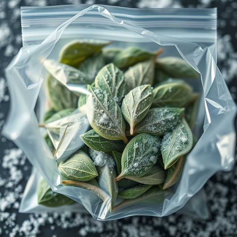 Folhas de taioba mansa dentro de um saco para congelamento.