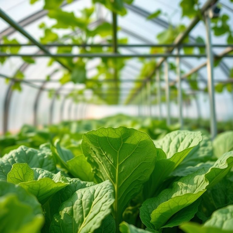 Folhas de vegetais saudáveis protegidas contra pragas dentro de uma estufa.