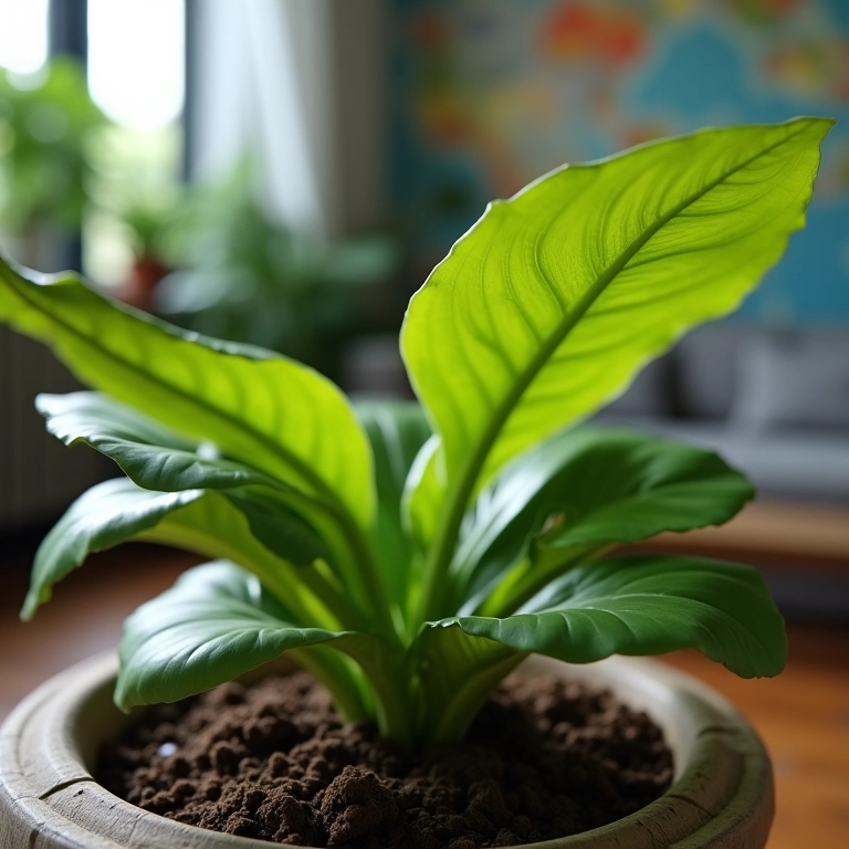 Folhas murchas de planta com solo encharcado.