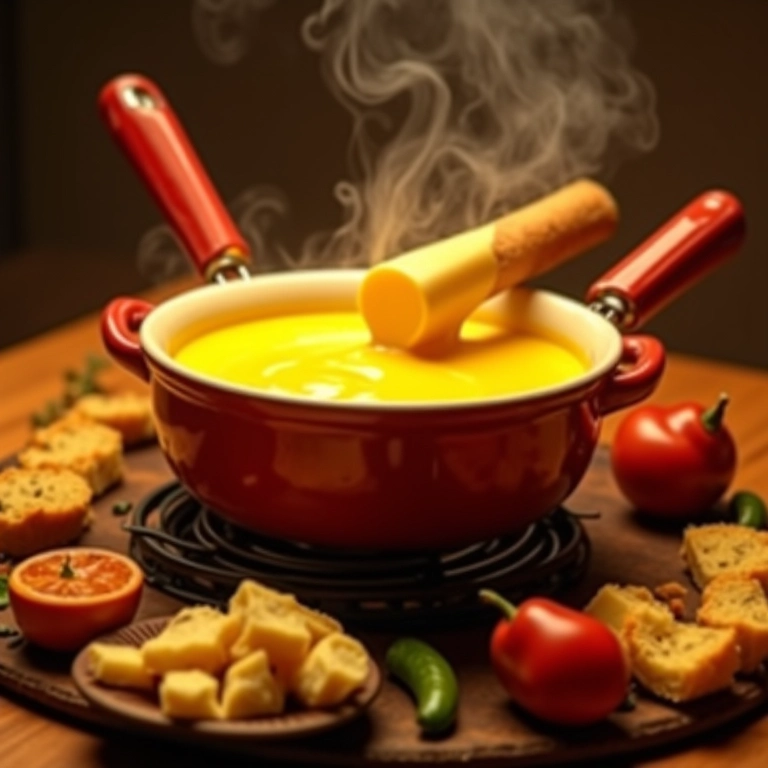 Fondue de queijo com pães, vegetais e frutas.