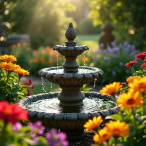 Fonte de água de pedra em jardim exuberante com flores coloridas e luz solar.