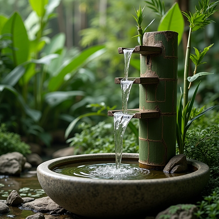 Fonte de bambu com água fluindo para bacia de pedra em meio a folhagem exuberante.