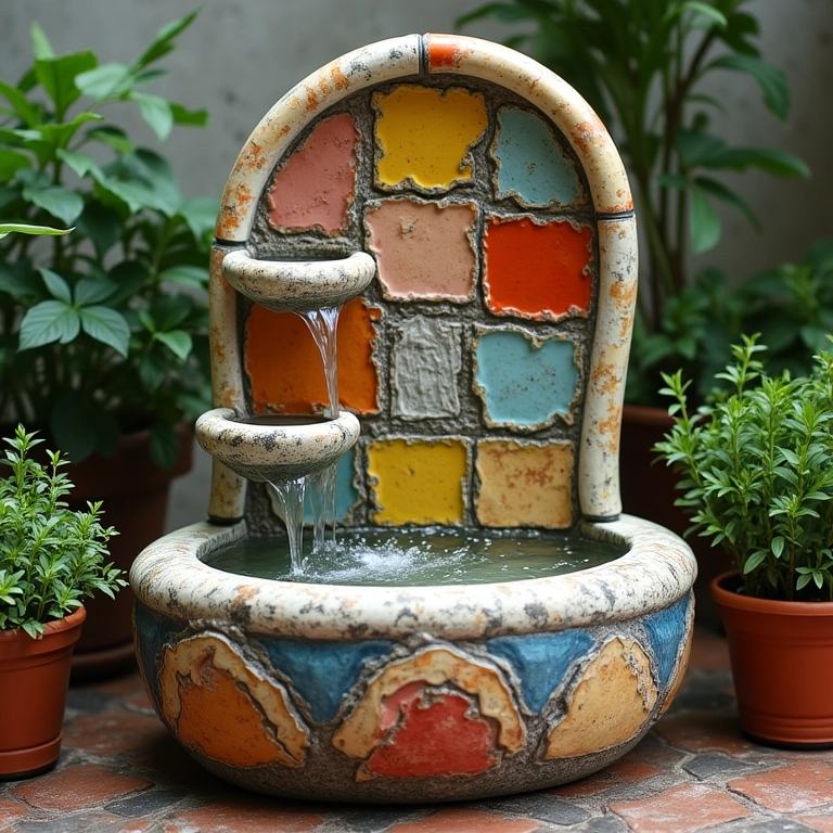 Fonte de cerâmica com azulejos coloridos e água borbulhante.