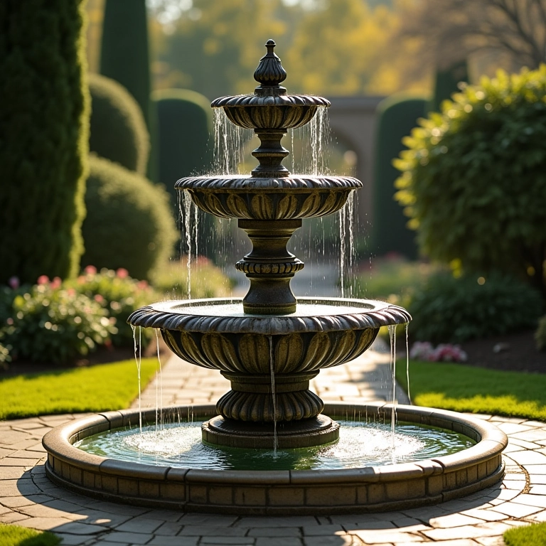 Fonte de chão imponente com múltiplos níveis em jardim bem cuidado.