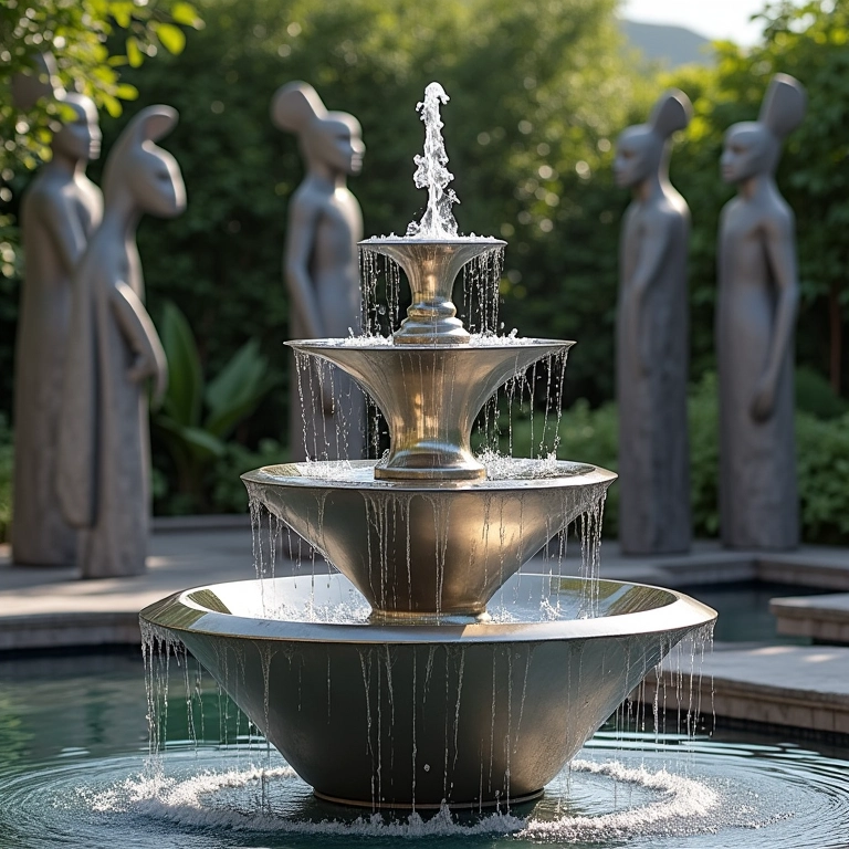 Fonte de metal elegante com acabamento polido e água corrente.