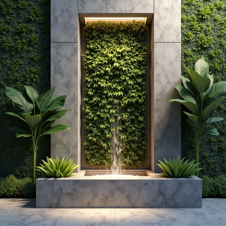 Fonte de parede moderna em jardim vertical com água corrente.