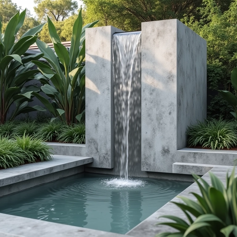 Fonte moderna de concreto com linhas limpas e piscina reflexiva.