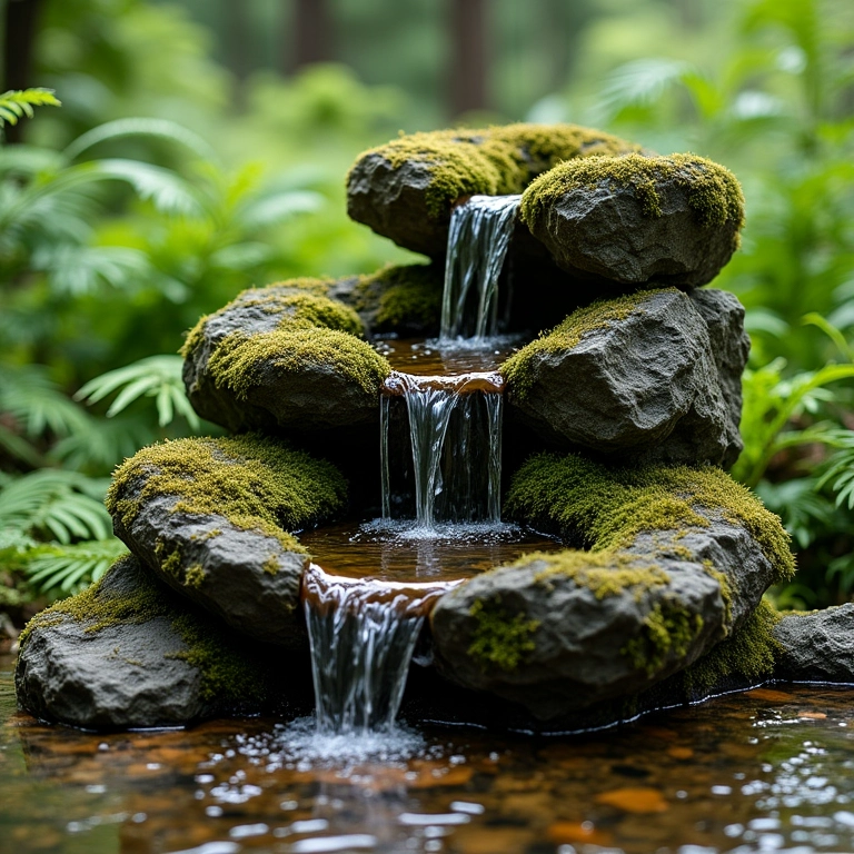 Fonte rústica de pedra coberta de musgo em jardim arborizado.