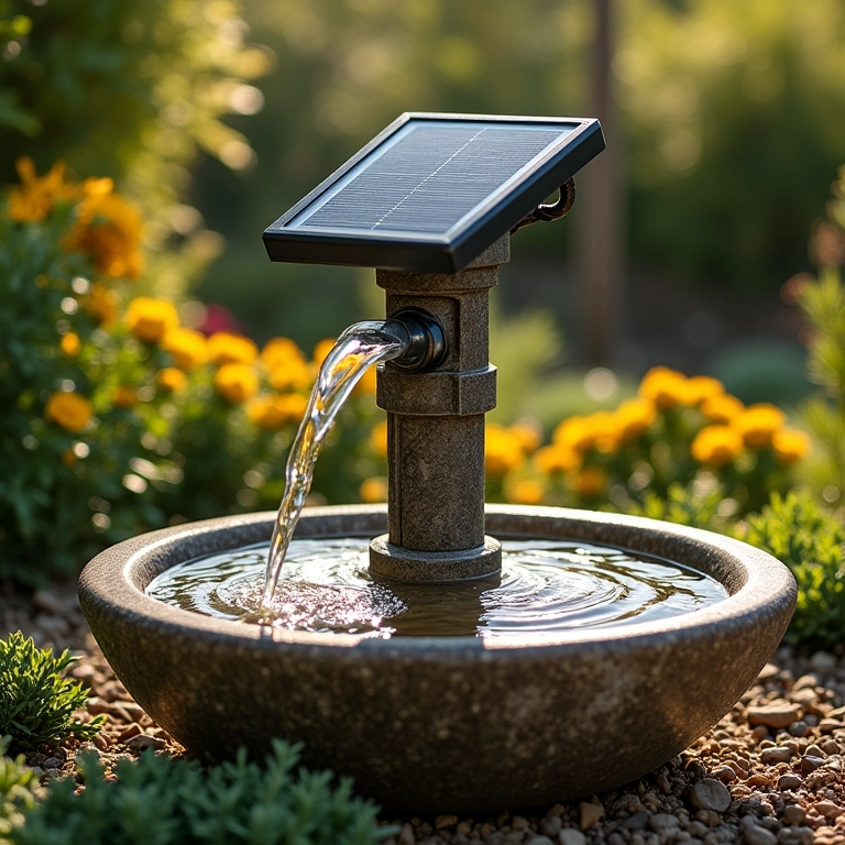Fonte solar em jardim pequeno com plantas resistentes à seca.