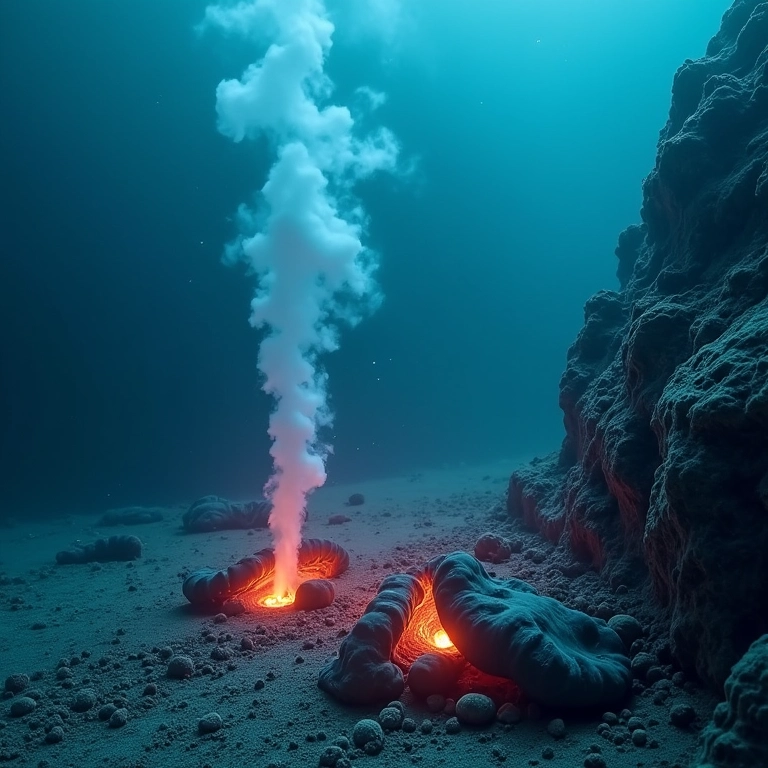 Fontes hidrotermais liberando substâncias químicas no fundo do mar.