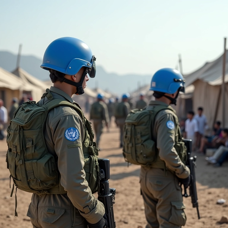 Forças de paz da ONU atuando em zona de conflito, distribuindo ajuda humanitária e protegendo refugiados.