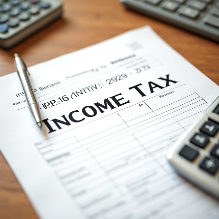 Formulários de imposto de renda, calculadora e caneta sobre mesa de madeira.