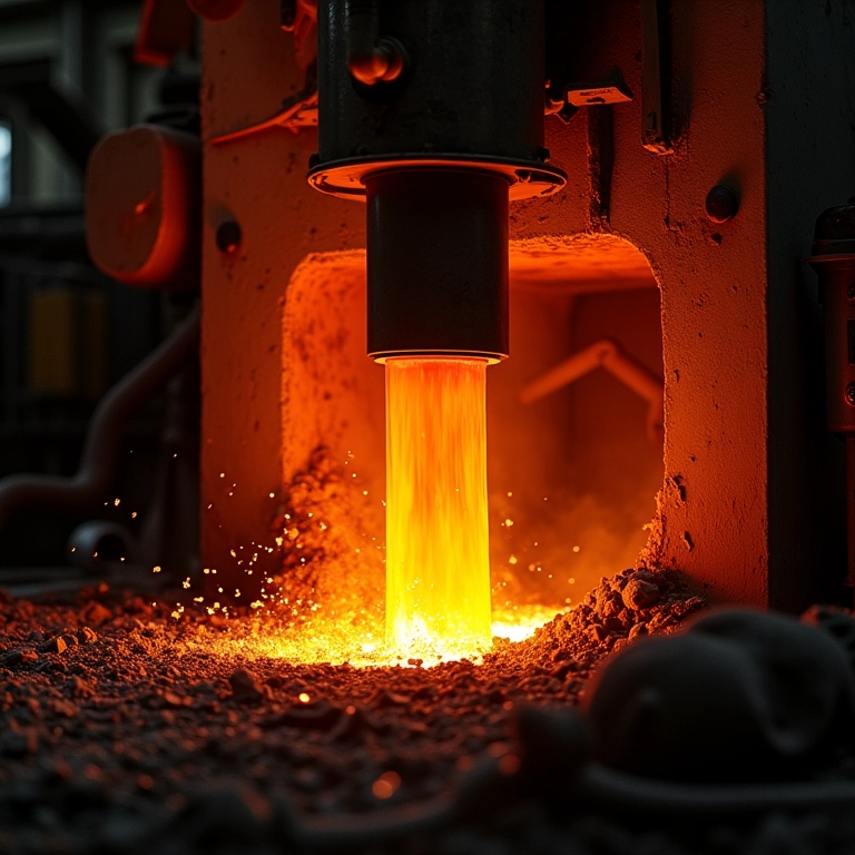 Fornos industriais utilizando fogo para fundir metal.