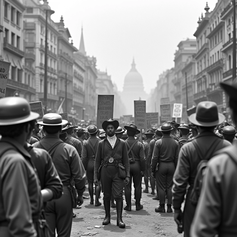 Foto antiga de grevistas brasileiros no início do século XX.