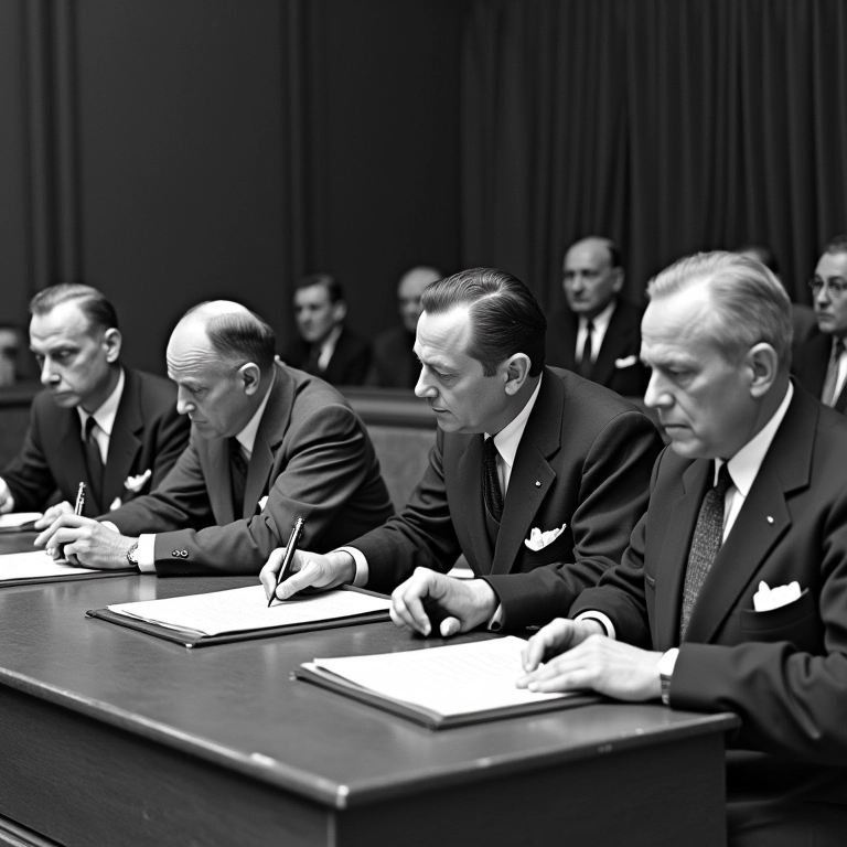 Foto histórica da assinatura da Carta da ONU em 1945, um momento crucial na busca pela paz mundial.