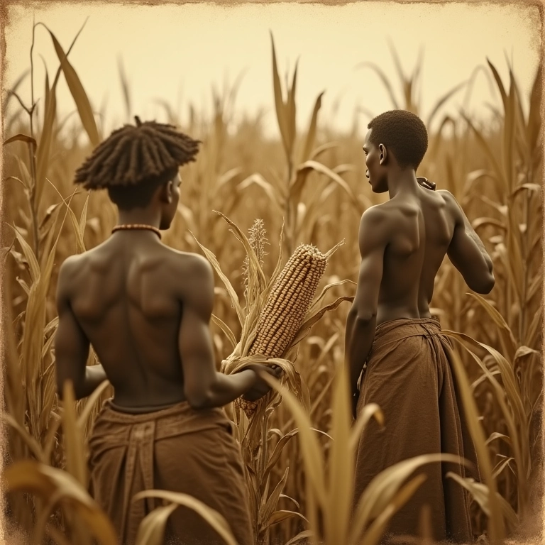 Foto vintage da colheita de milho no Brasil, destacando a história do ingrediente.