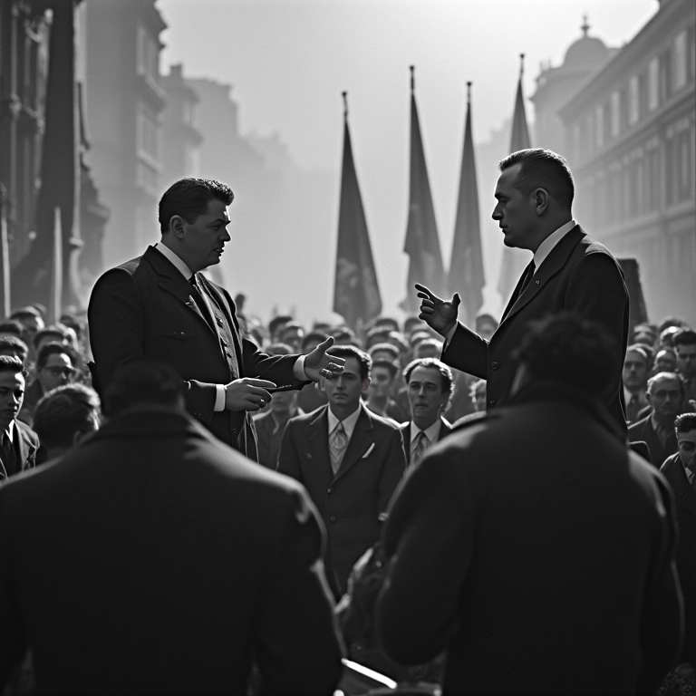 Foto vintage de Mussolini discursando em Roma, Itália, na década de 1930, com multidões aclamando.