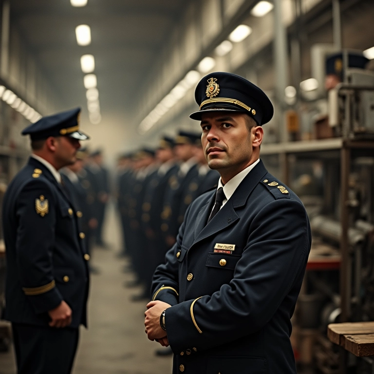 Foto vintage de trabalhadores uniformizados em fábricas, simbolizando a economia no regime fascista.