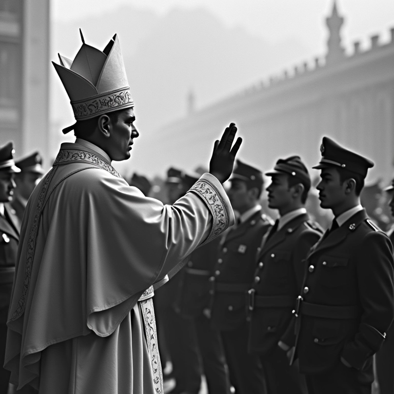 Fotografia antiga de um oficial da igreja abençoando um desfile militar na Itália durante o tempo de Mussolini.