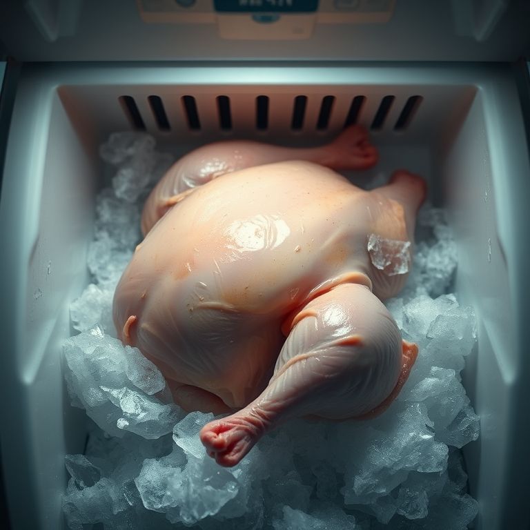 Frango descongelado sendo recongelado, prática perigosa.