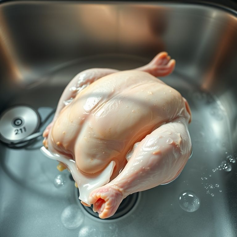 Frango descongelando em água fria na pia da cozinha, atenção à temperatura.