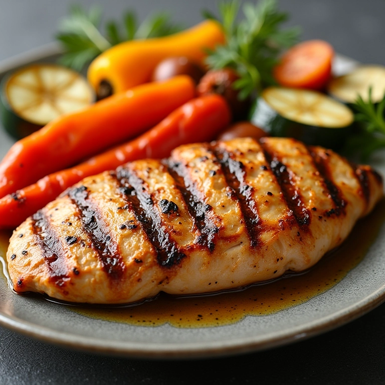 Frango grelhado com legumes assados, uma opção saudável e saborosa para sua marmita.