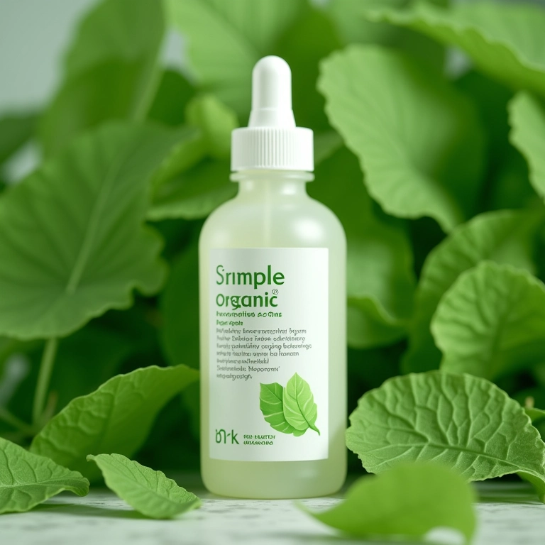 Frasco de ácido hialurônico da Simple Organic com folhas verdes.