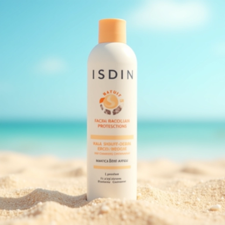 Frasco de protetor solar facial da ISDIN em uma praia ensolarada.
