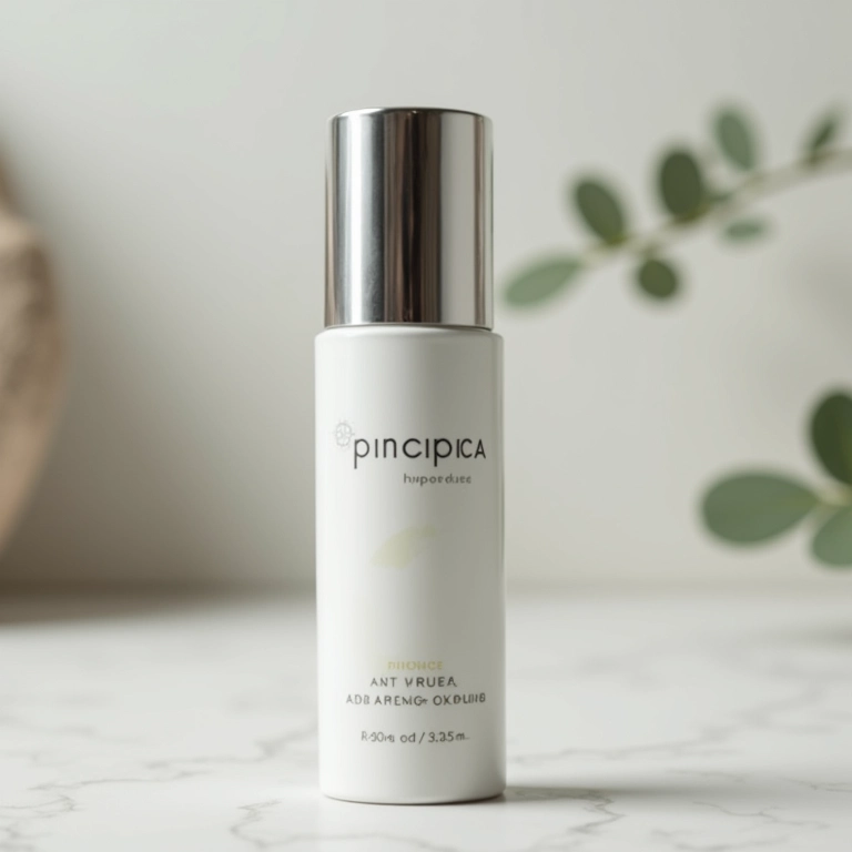 Frasco de sérum anti-idade da Principia com fundo desfocado.