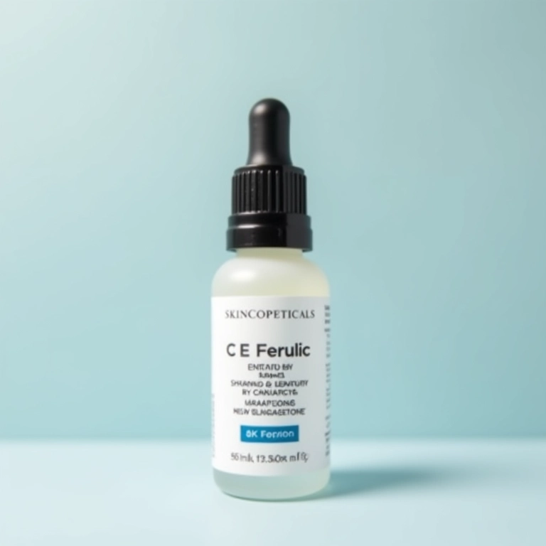 Frasco de sérum Skinceuticals C E Ferulic em close-up.