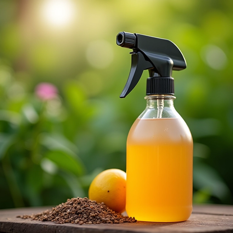 Frasco de spray com sabão inseticida caseiro, ingredientes naturais visíveis.