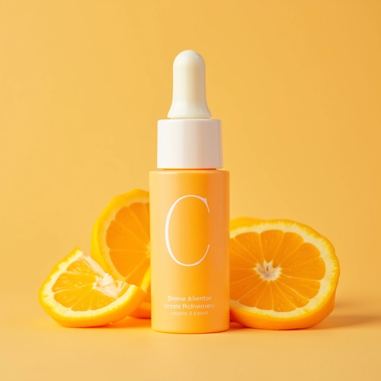 Frasco de Vitamina C da Creamy com laranjas fatiadas.