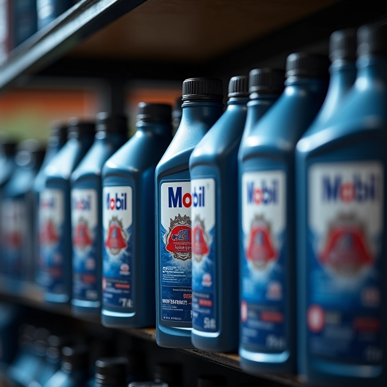 Frascos de óleo Mobil alinhados em prateleira de oficina.