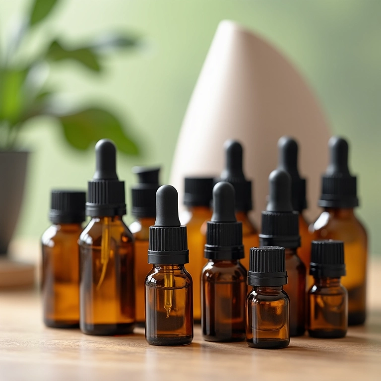 Frascos de óleos essenciais e difusor para aromaterapia capilar.