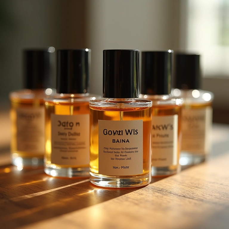 Frascos de perfume diferenciados com rótulos personalizados.